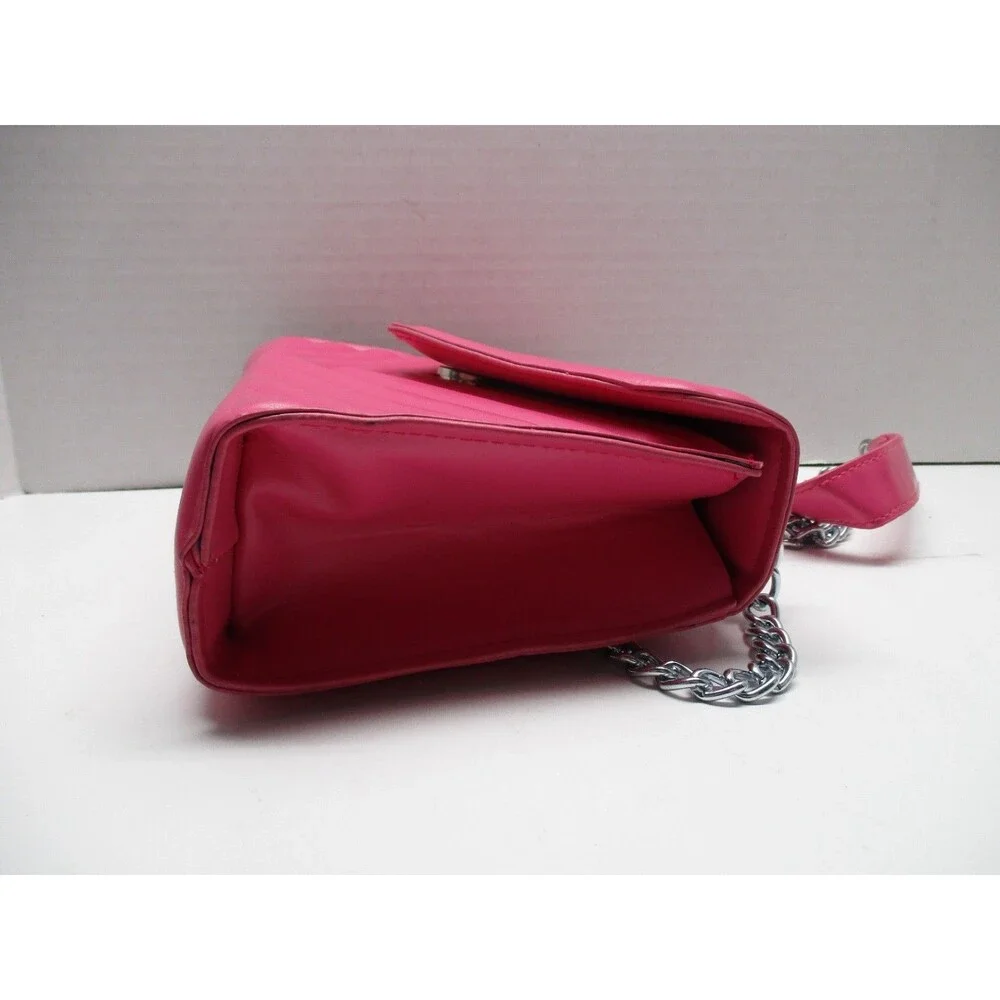 Women's Quilted Hot Pink Leather Handbag Silver Chain Shoulder Bag Magnet Close